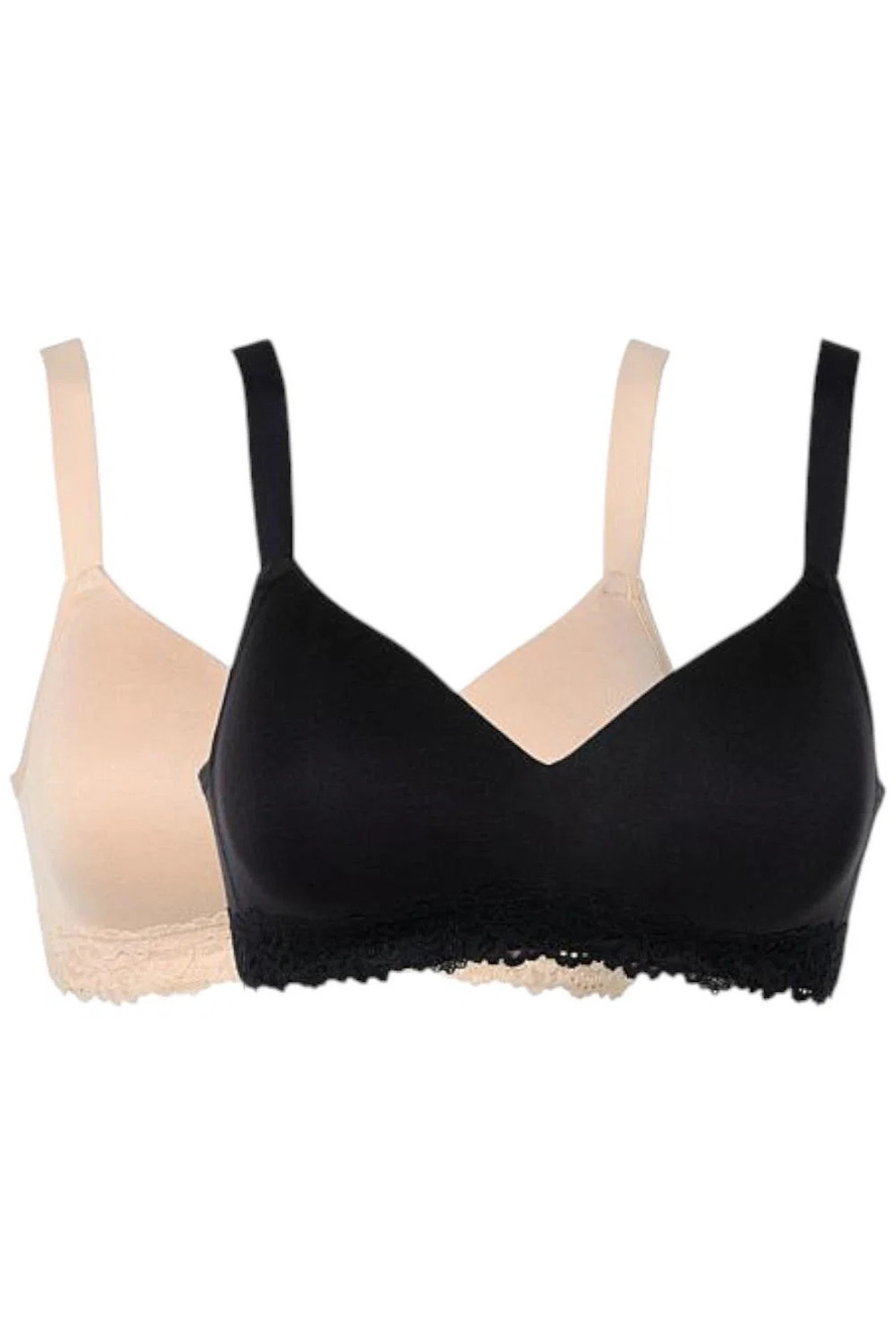 Comfort Code Women's 2-pack Lined Lace Trim Wireless Bra Black/Frappe - Regular